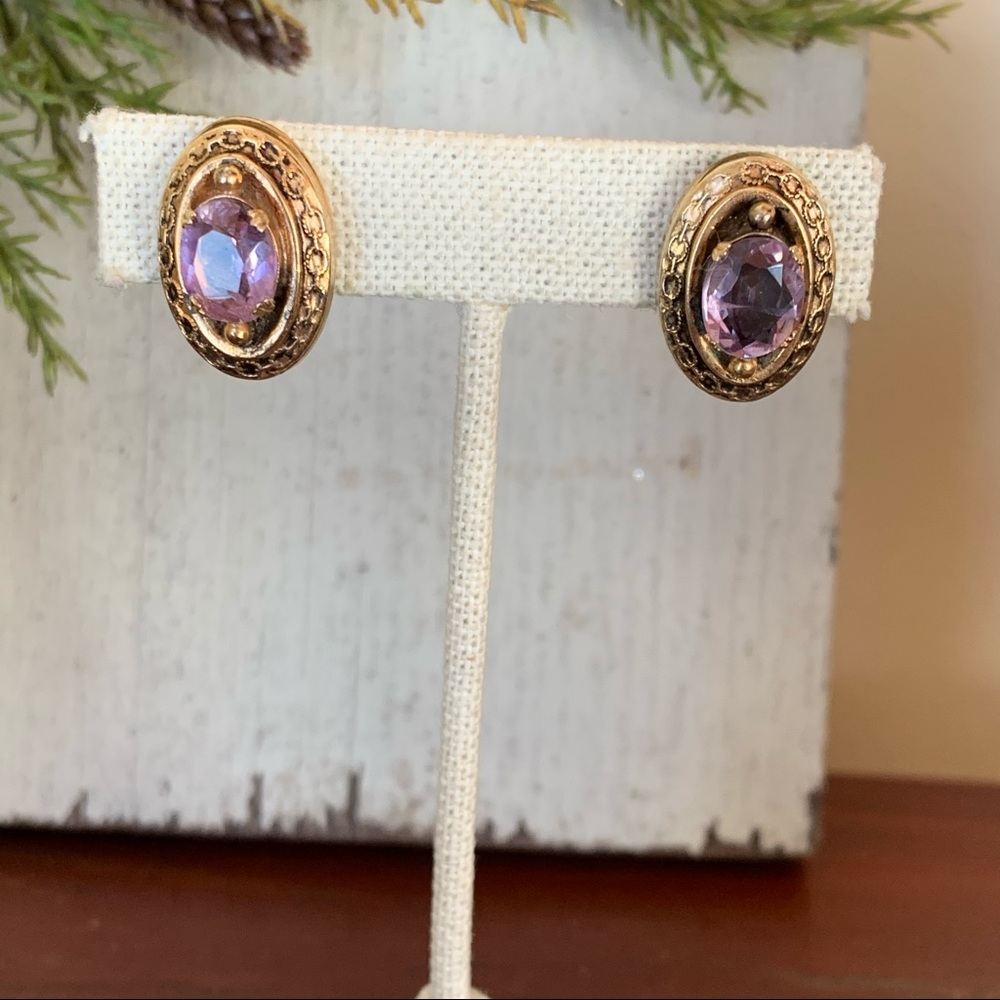 Vintage Earrings Gold with Purple Stone Screw Backs